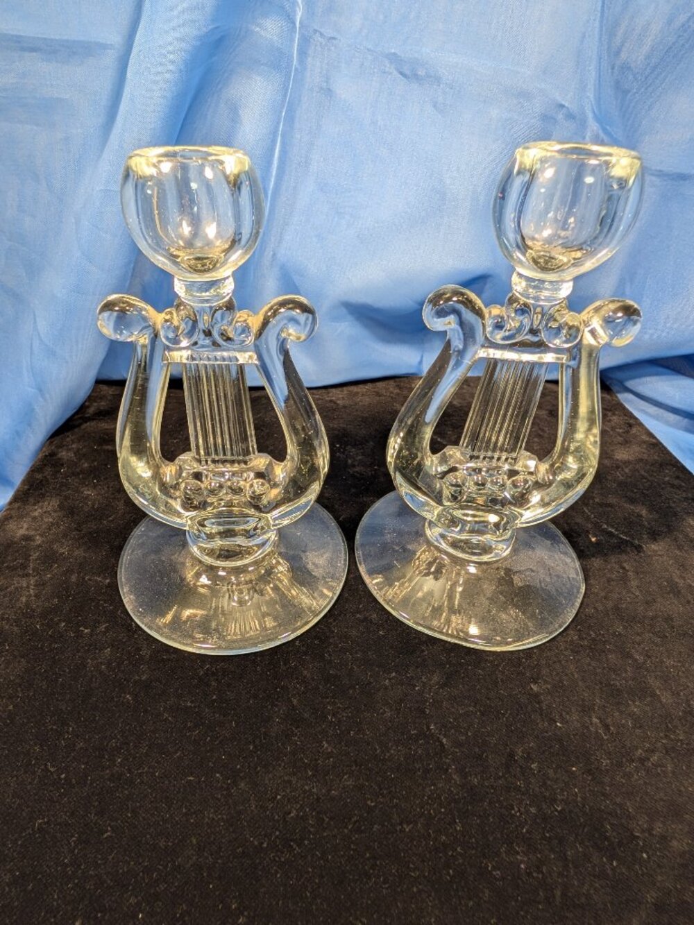 Vintage Clear Crystal Lyre Harp Bookend Fostoria Style Mid Century Glass Musical
